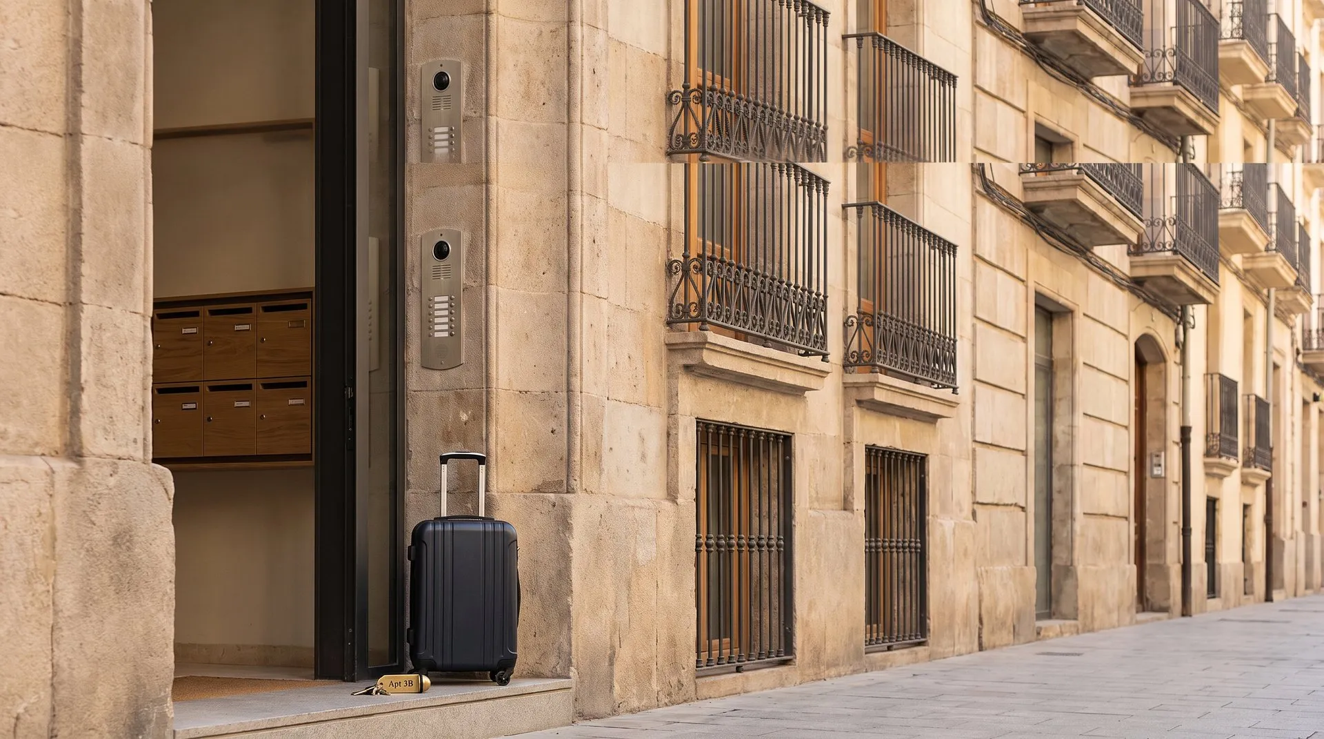 Maleta y llaves en el portal de un edificio residencial: piso turístico que necesita el permiso de la comunidad de propietarios según la doctrina de la DGSJFP